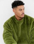 Asos Design Oversized Faux Fur Sweatshirt In Khaki - Green