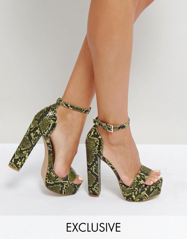 Missguided Platform Heeled Snake Print Sandal - Green