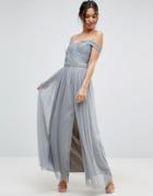 Little Mistress Pleated Maxi Dress With Bardot Sleeves And Embellished