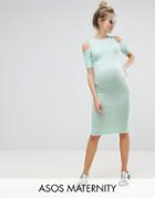 Asos Maternity Cold Shoulder Bodycon Dress In Rib - Green