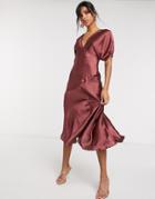 Asos Design Puff Sleeve Satin Tea Dress In Mocha-brown