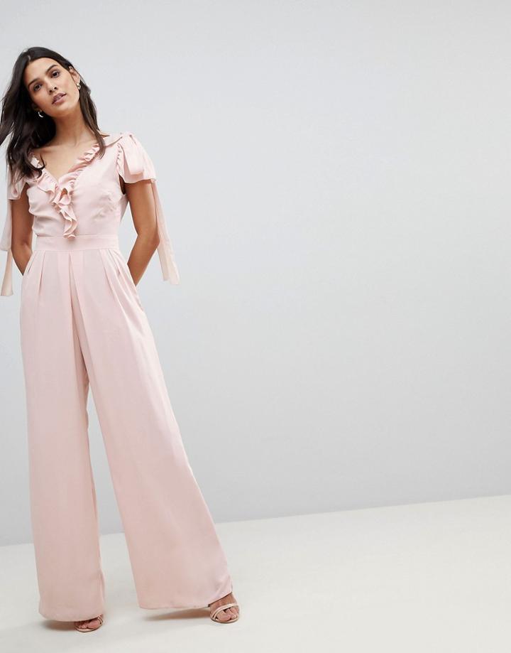 Asos Jumpsuit With Soft Ruffle Detail - Brown