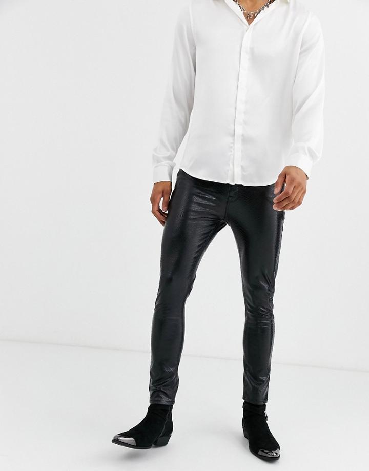 Asos Design 'cigarette' Skinny Coated Leather Look Jeans In Black Crocodile