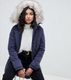 Asos Design Tall Luxe Parka With Faux Fur Trim - Navy