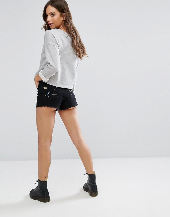 Brave Soul Denim Shorts With Back Pocket Space Embroidery - Blue