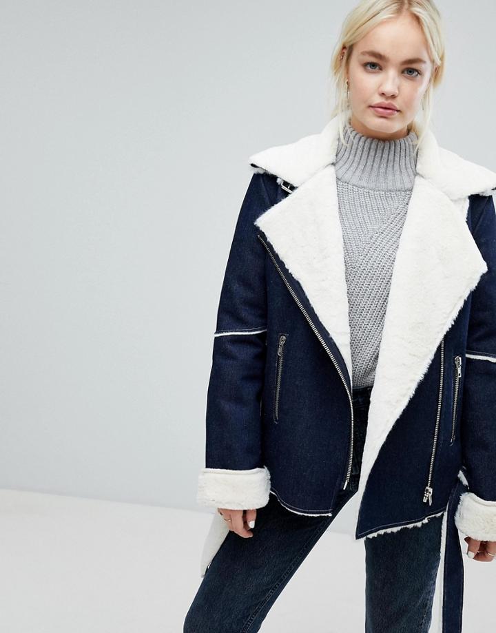 J.o.a Denim Biker Jacket With Faux Shearling Lining - Blue