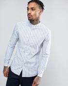 Asos Smart Skinny Stripe Shirt With Grandad Collar In Blue - Blue