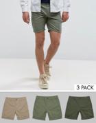 Asos 3 Pack Slim Chino Shorts In Stone Dark Khaki & Light Green Save - Multi