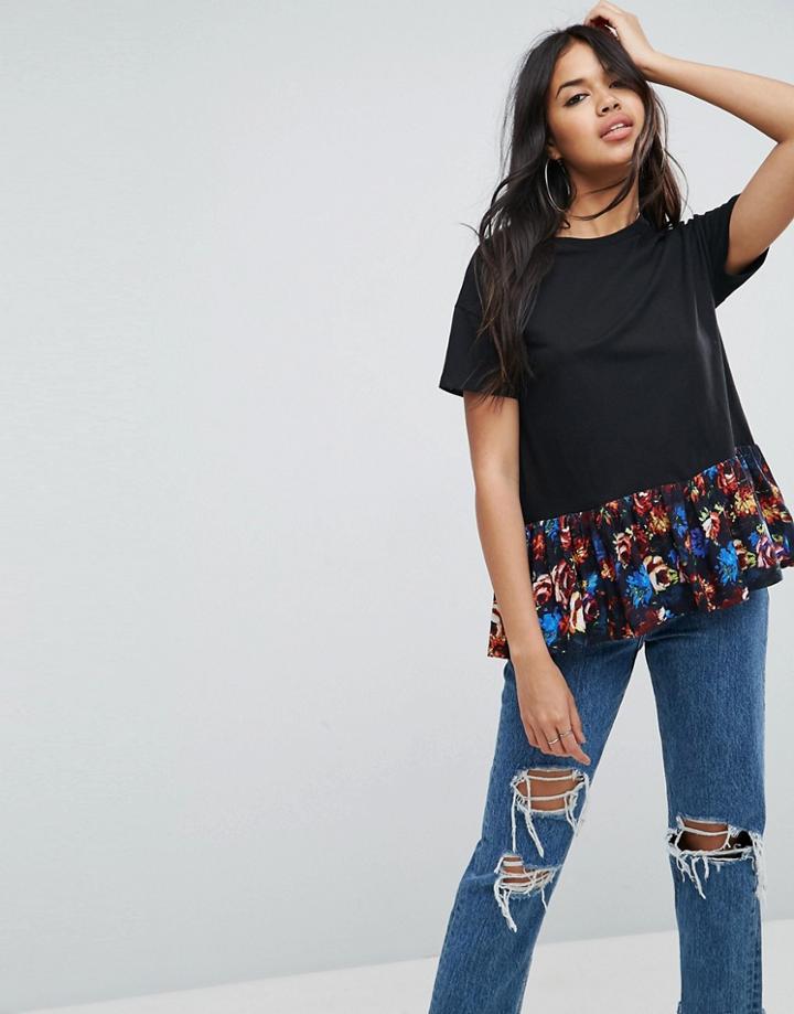 Asos T-shirt With Ruffle Hem In Floral Print - Multi
