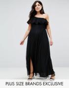 John Zack Plus One Shoulder Maxi Dress In Dotty Mesh - Black