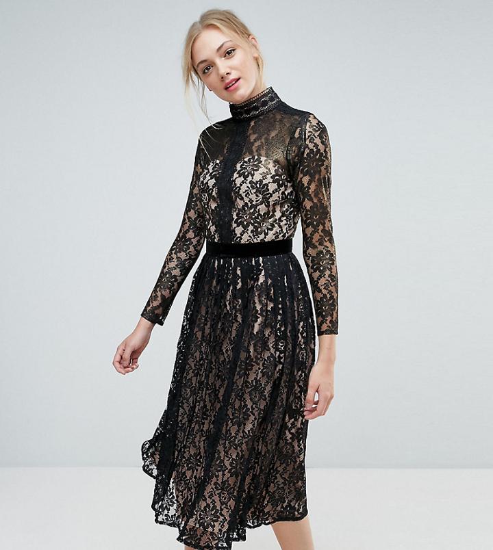 Little Mistress Tall Allover Cutwork Lace Midi Dress - Black