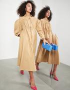 Asos Edition Midi Shirt Dress With Drawstring And Balloon Sleeves In Camel-neutral