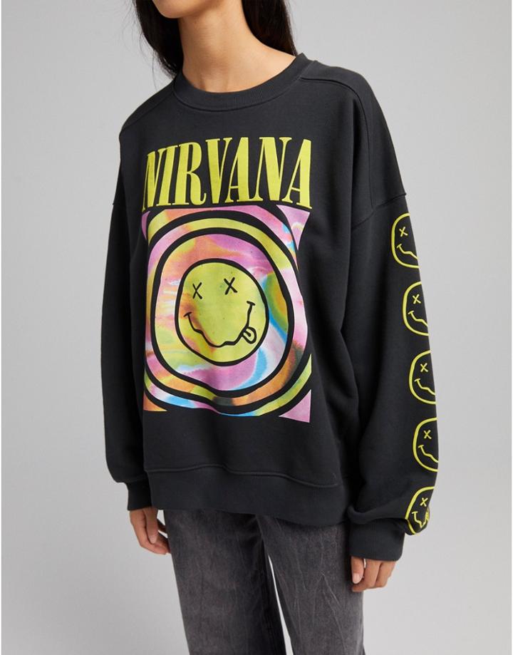 Bershka Nirvana Slogan Sweat In Charcoal-grey