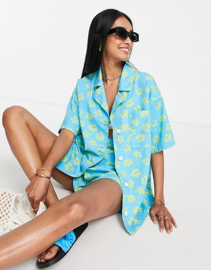 Topshop Hibiscus Printed Lightweight Short Sleeve Shirt In Blue - Part Of A Set-green
