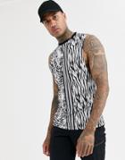 Asos Design Relaxed Sleeveless Organic Cotton T-shirt With Dropped Armhole In All Over Animal Print-white
