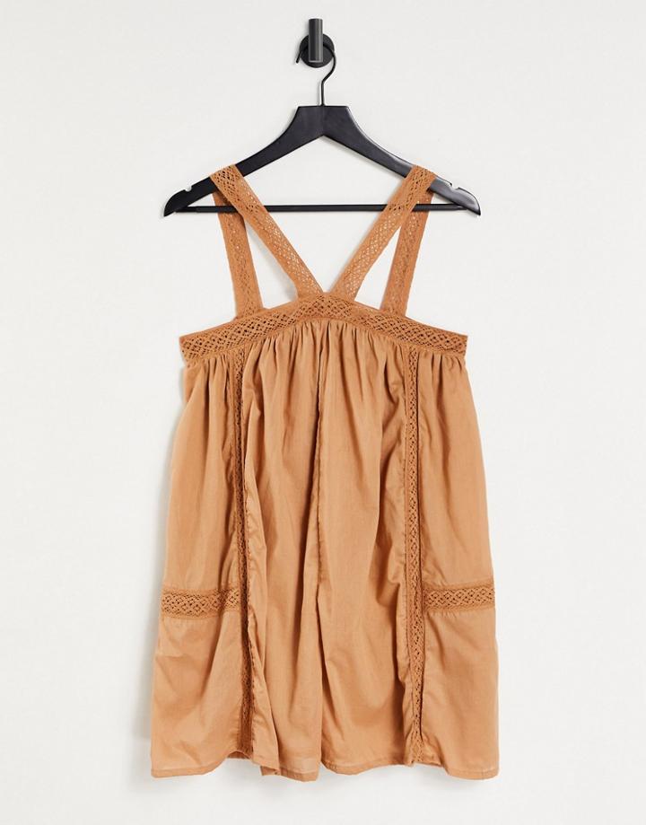 Asos Design Pretty Lace Halter Swing Cotton Romper In Rust-brown