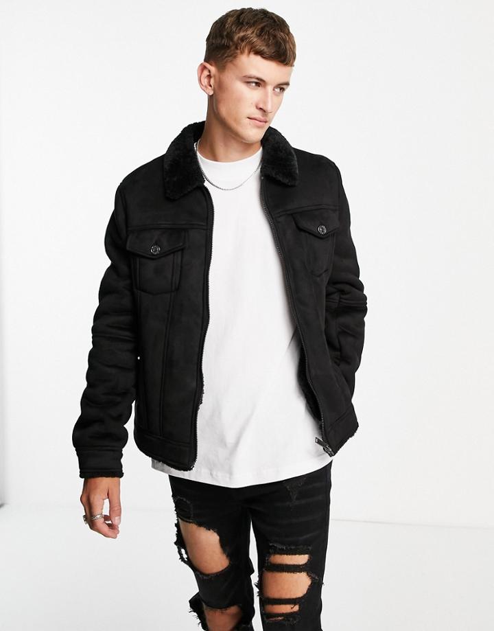 River Island Borg Lined Western Jacket In Black