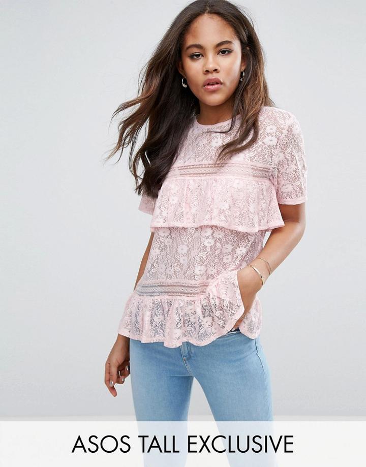 Asos Tall Lace Top With Tiers And Dip Back - Pink