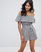 Parisian Off Shoulder Gingham Romper - Black