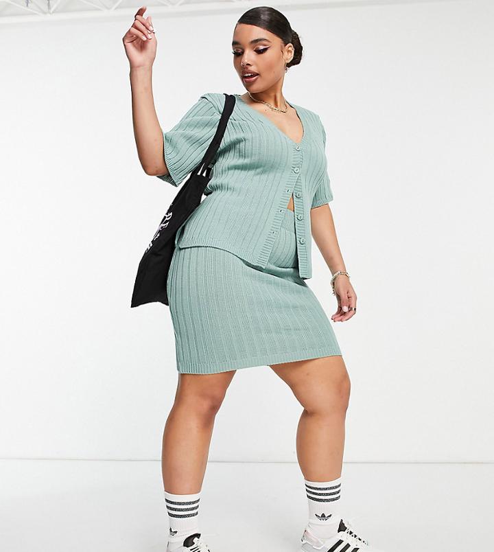 Asos Design Curve Knit Ribbed Mini Skirt In Light Green - Part Of A Set