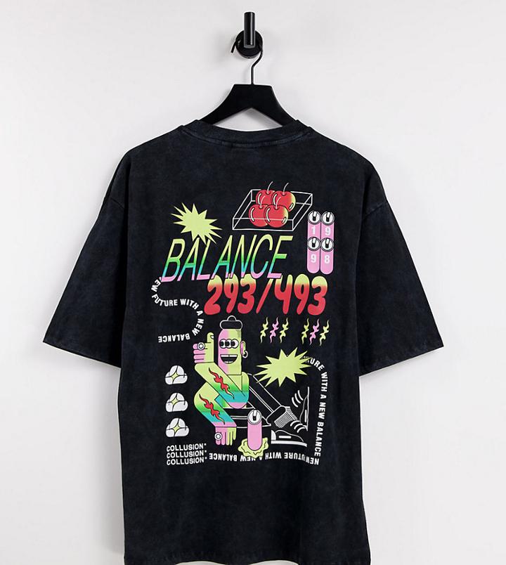 Collusion Oversized T-shirt With Cartoon Print In Black Acid Wash