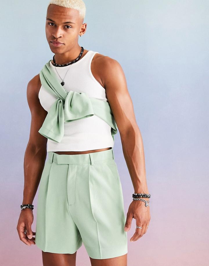 Asos Design Wide Leg Suit Shorts In Mint Green Crepe