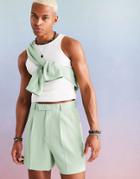 Asos Design Wide Leg Suit Shorts In Mint Green Crepe