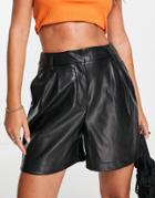 Vero Moda Leather Look Pleat Front Shorts In Black