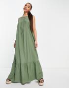 Asos Design Low Back Tiered Maxi Dress In Khaki-green