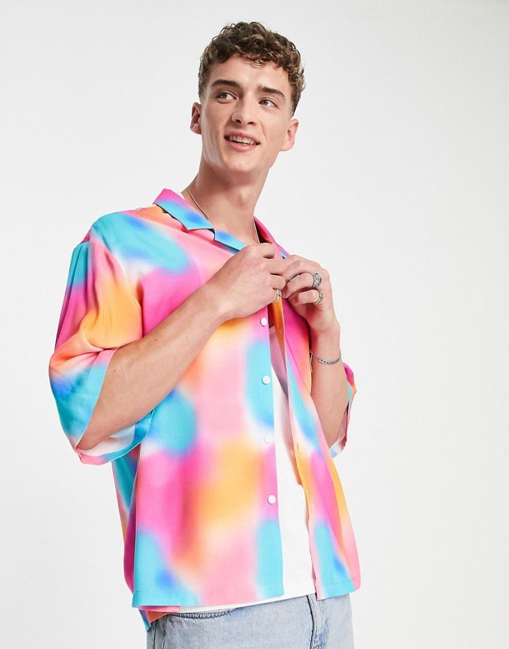 Asos Design Dropped Shoulder Oversized Camp Collar Shirt In Bright Spray Paint Print-pink