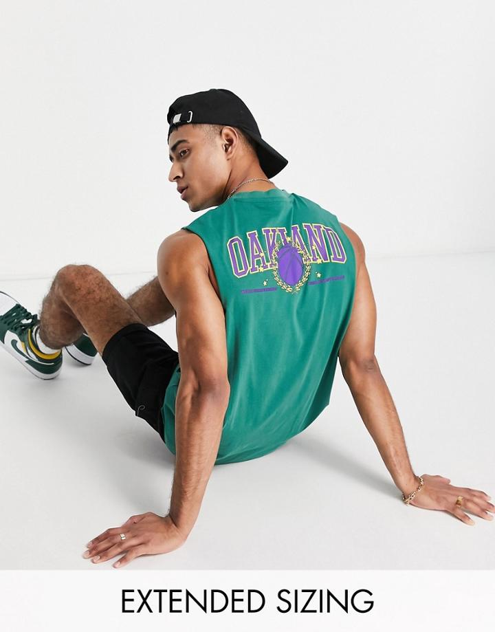 Asos Design Relaxed Tank Top In Green With Varsity Back Print