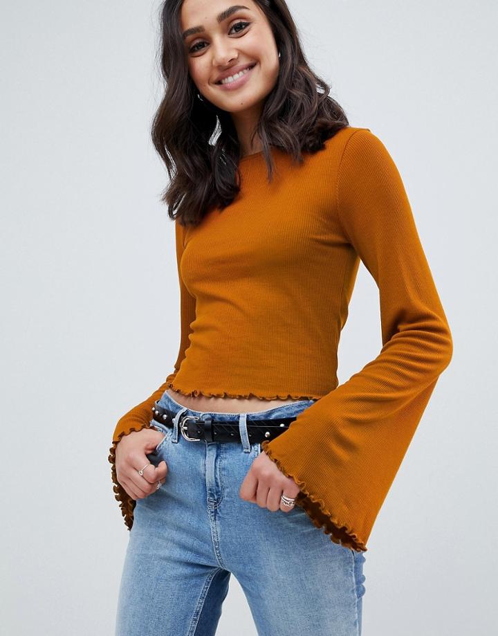 Asos Design Wide Sleeve Top In Rib With Lettuce Hem Detail - Brown