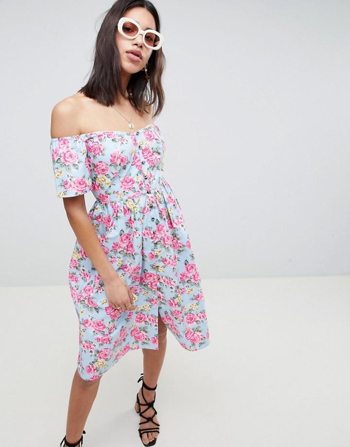 Asos Design Ultimate Off Shoulder Ruffle Midi Sundress In Vintage Floral - Multi