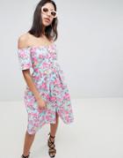 Asos Design Ultimate Off Shoulder Ruffle Midi Sundress In Vintage Floral - Multi