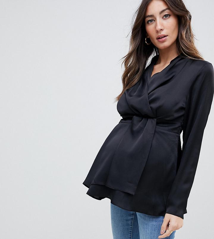 Asos Design Maternity Satin Drape Front Blouse - Black