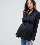 Asos Design Maternity Satin Drape Front Blouse - Black
