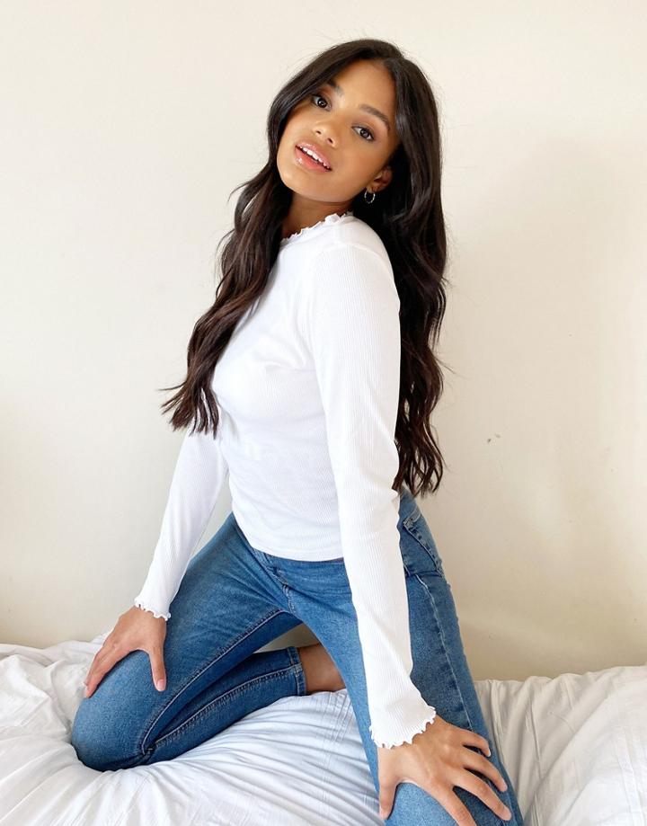 New Look Frill Neck Ribbed Top In White