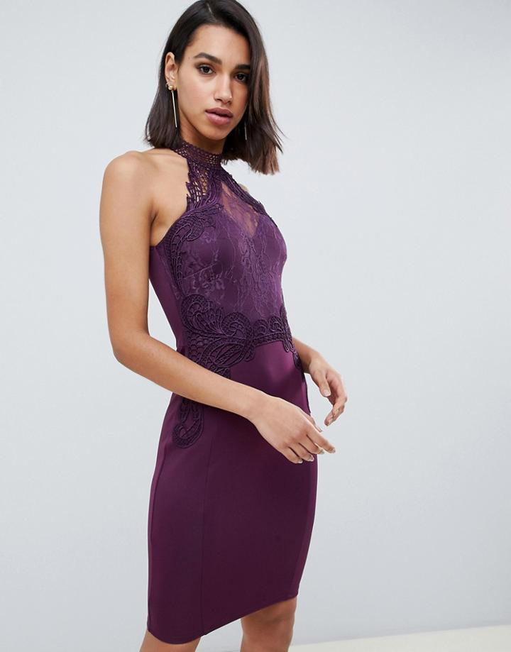 Lipsy High Neck Lace Bodycon Dress In Purple - Purple