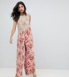 Asos Tall Jumpsuit In Soft Floral With Lace Bodice Detail-pink