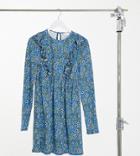 Asos Design Tall Mini Smock Dress With Frill Detail In Blue Ditsy Floral Print