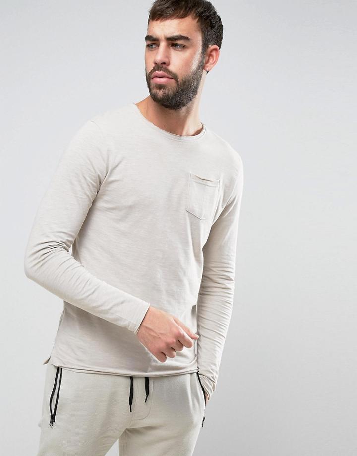 D-struct Jersey Slub Raw Edge Long Sleeve Top - Stone