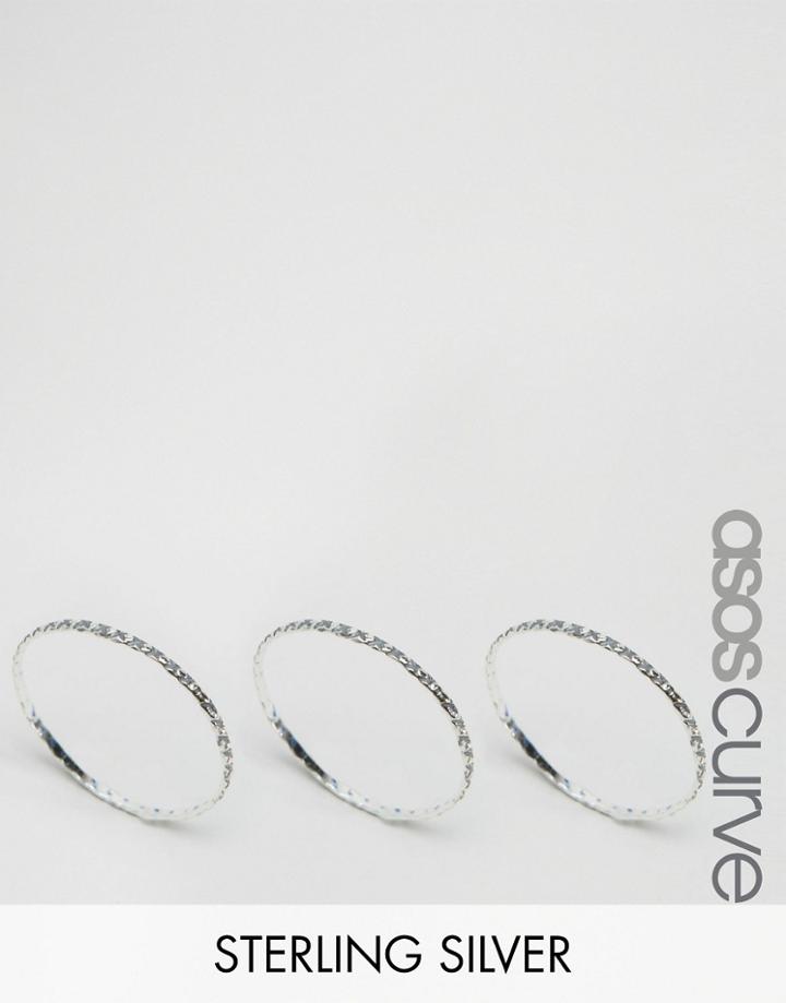 Asos Curve Sterling Silver Pack Of 3 Etched Rings - Silver