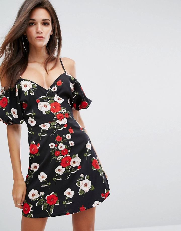 Fashion Union Cold Shoulder Wrap Dress In Floral - Multi