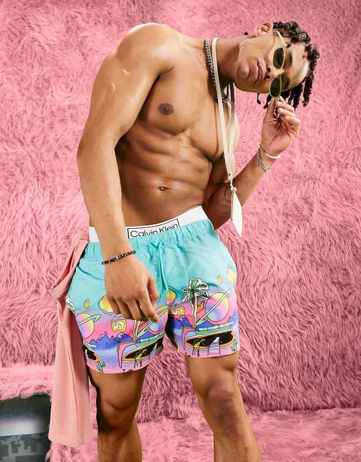 Asos Design Swim Shorts With Pool Print Short Length-multi