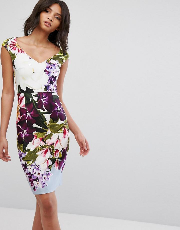City Goddess Bold Floral V Neck Pencil Dress - Blue