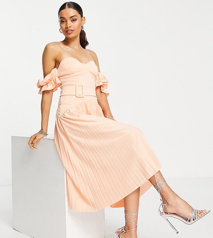 Asos Design Petite Off Shoulder Recycled Polyester Belted Midi Dress In Orange