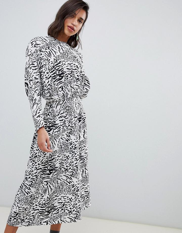 Asos Design Jacquard Batwing Midi Dress In Mono Leopard Print-multi