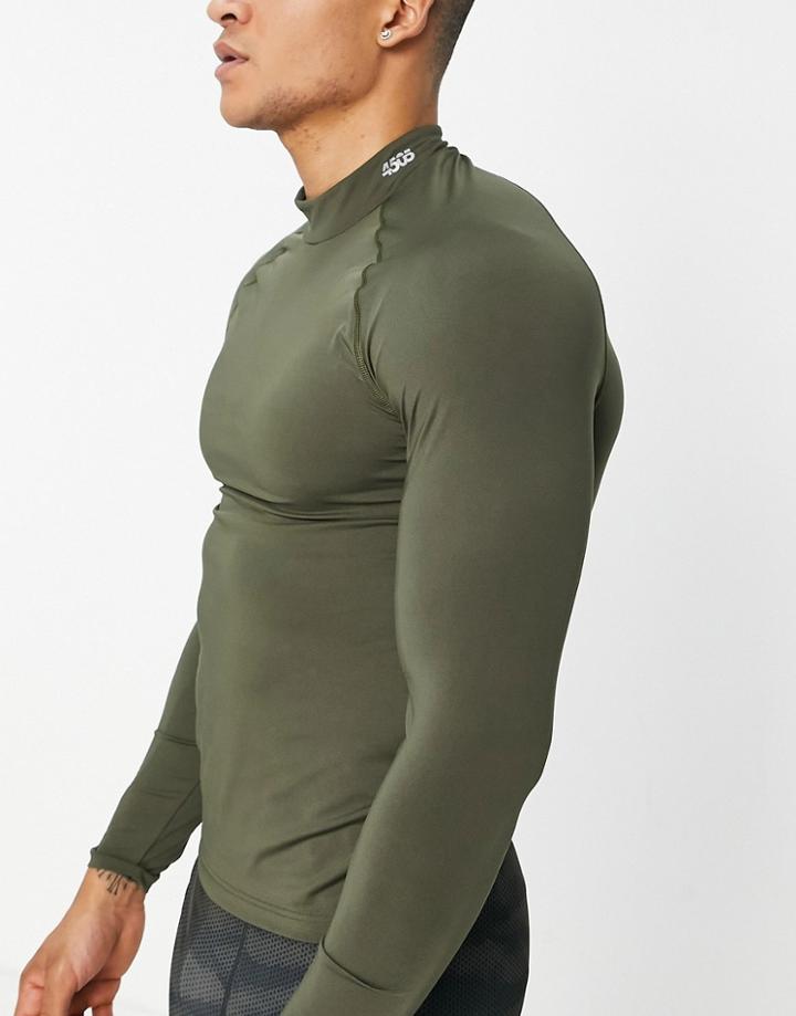 Asos 4505 Icon Training Base Layer Long Sleeve T-shirt With Mock Neck In Khaki-green