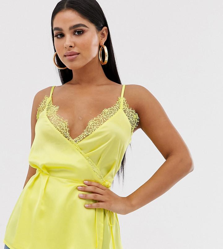 Missguided Petite Exclusive Satin Wrap Cami Top With Lace Trims - Yellow