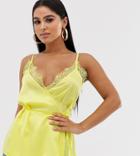Missguided Petite Exclusive Satin Wrap Cami Top With Lace Trims - Yellow